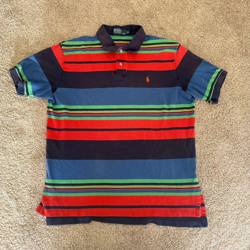 Polo Ralph Lauren Polo Shirt Men XL Multi Color Striped Short Sleeve Repair